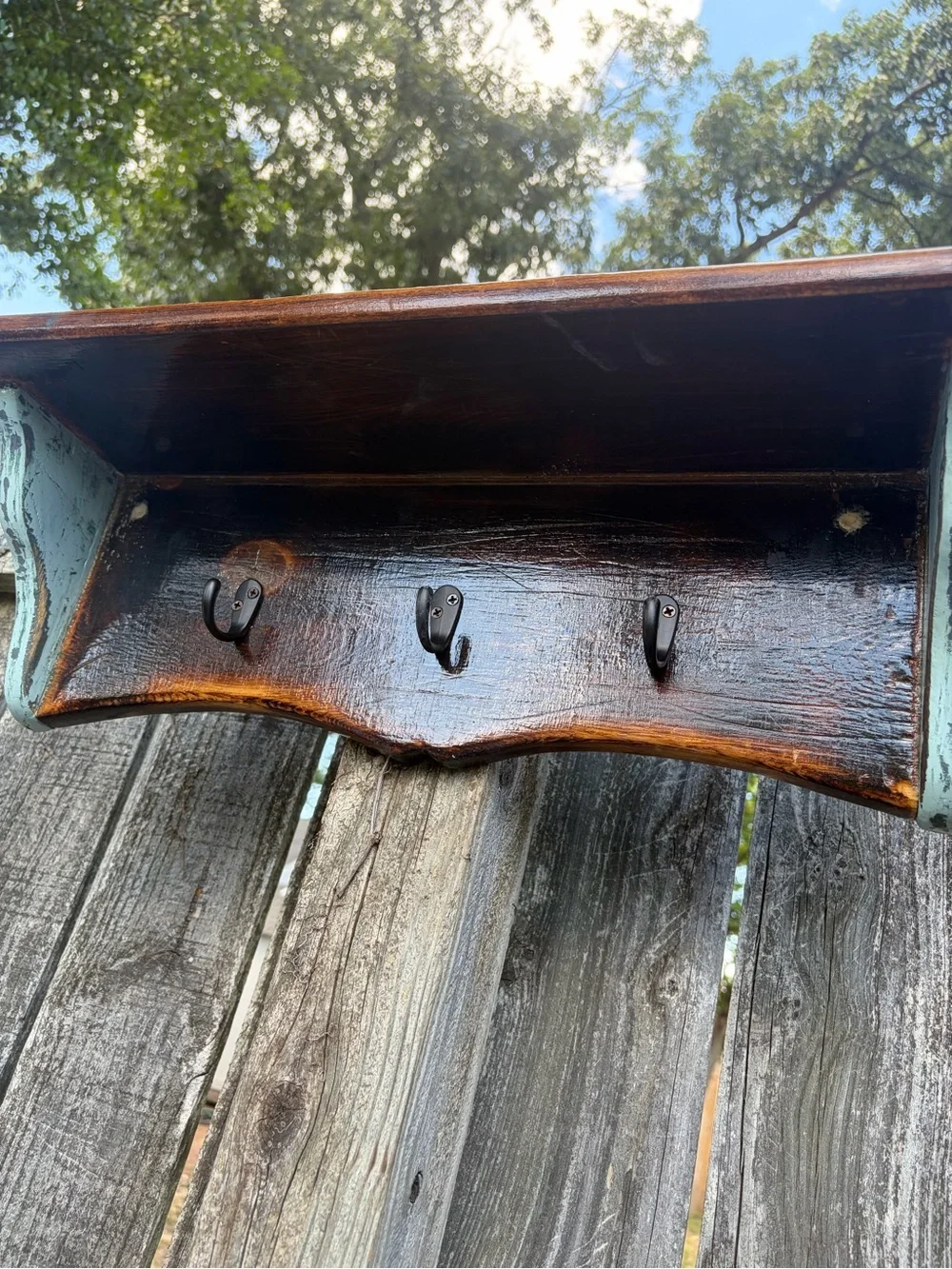 Handcrafted Rustic Reclaimed Heartwood Pine Wall Shelf with Hooks Distressed